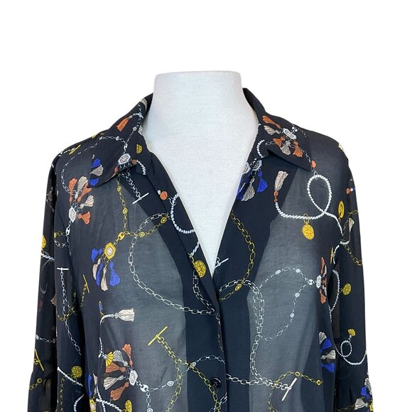 CABI Long Sleeve Button Front Victoria Status Print Semi Sheer Blouse LG - Picture 4 of 10